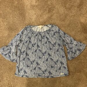 Michael Kors Blue Paisley Bell-Sleeve slight crop blouse